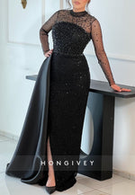 Illusion Neck Long Sleeves Column Side Draping Evening Gowns with Beading