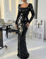 Square Neck Sequins Sparkle Long Sleeve Mermaid Evening Dress Formal Women