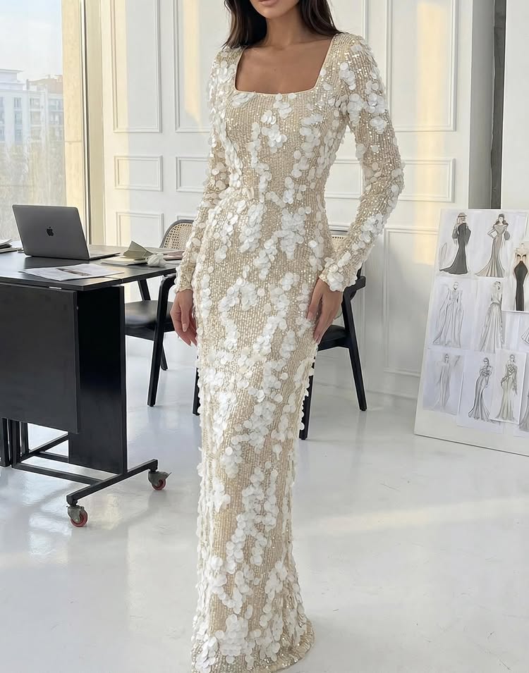 Square Neck Sequins Sparkle Long Sleeve Mermaid Evening Dress Formal Women