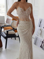 Sweetheart Sleeveless Sparkle Beaded Sheer Sequins Mermaid Side Slit Evening Dress