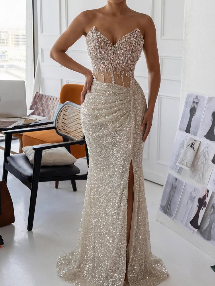 Sweetheart Sleeveless Sparkle Beaded Sheer Sequins Mermaid Side Slit Evening Dress