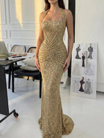 Gold Sequins Sparkle Halter Sleeveless Mermaid Floor-Length Prom Dress