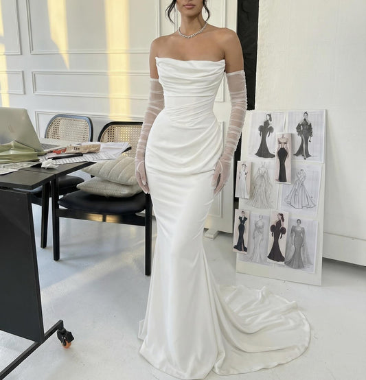 Strapless Sleeveless Gloves Mermaid Floor-Length Wedding Dress