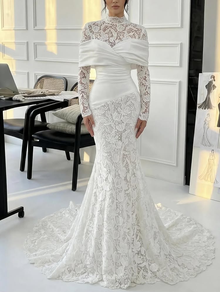 Lace High Neck Long Sleeve Mermaid Formal Wedding Dress