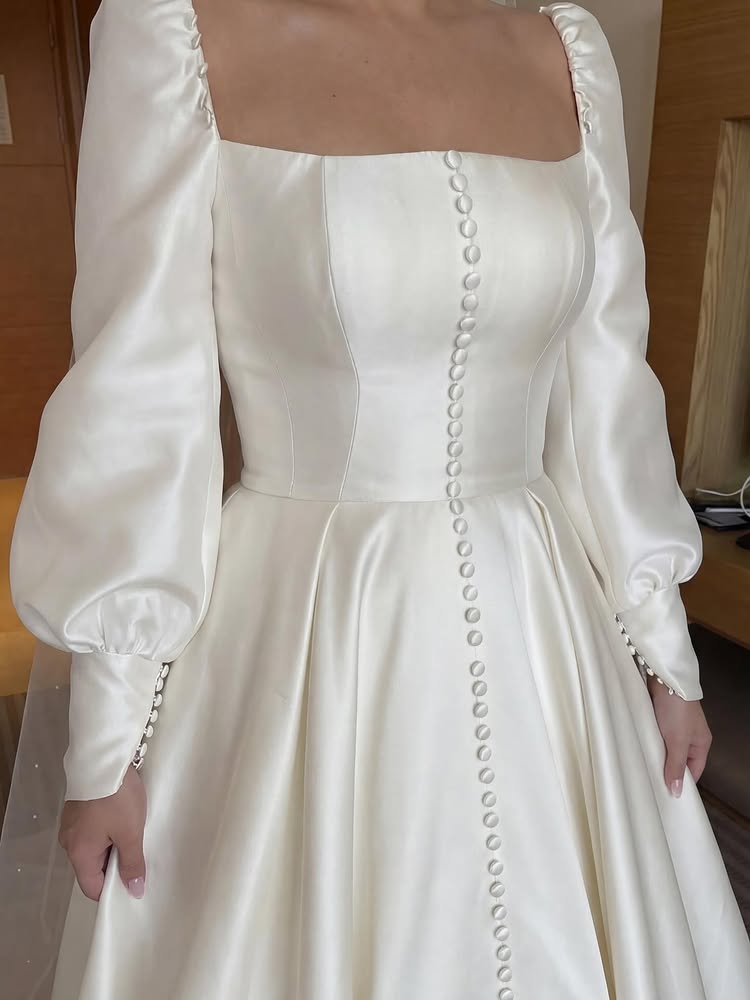 Square Neck Long Sleeve Button A-Line Floor-Length Wedding Dress
