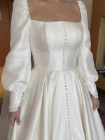 Square Neck Long Sleeve Button A-Line Floor-Length Wedding Dress
