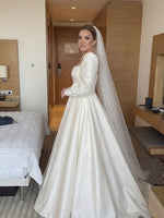 Square Neck Long Sleeve Button A-Line Floor-Length Wedding Dress