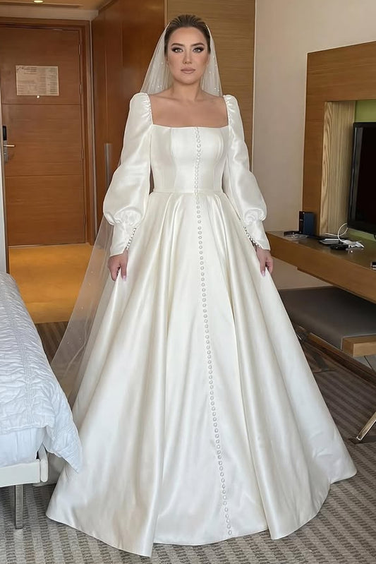 Square Neck Long Sleeve Button A-Line Floor-Length Wedding Dress