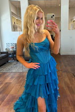 A Line Strapless Chiffon Beaded Corset Long Prom Dress With Slit