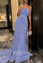 Strapless A-Line Floor-Length Sleeveless Evening Gowns with Ruffles