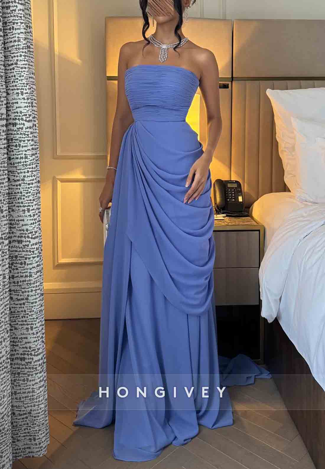 Strapless A-Line Floor-Length Sleeveless Evening Gowns with Ruffles