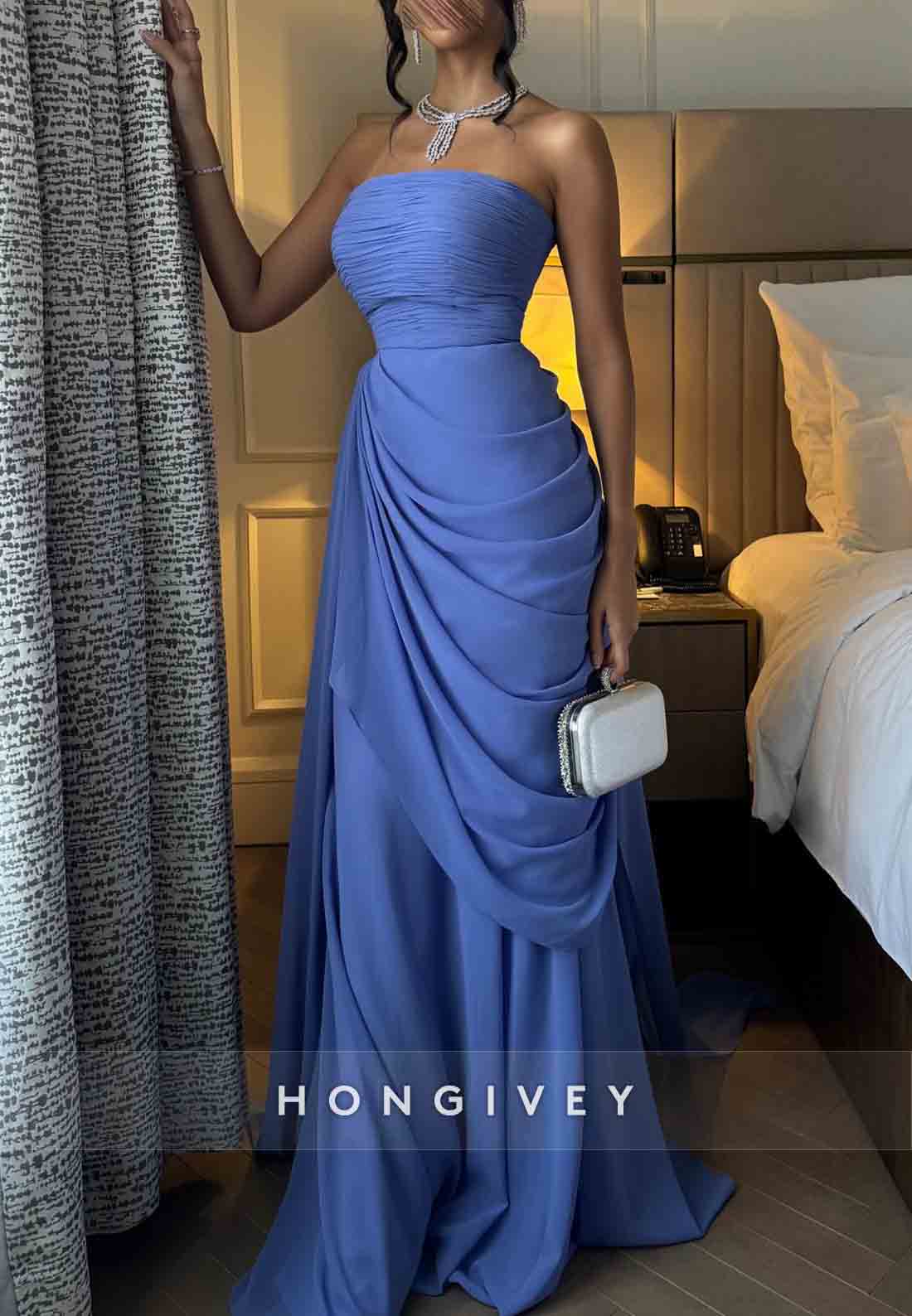 Strapless A-Line Floor-Length Sleeveless Evening Gowns with Ruffles