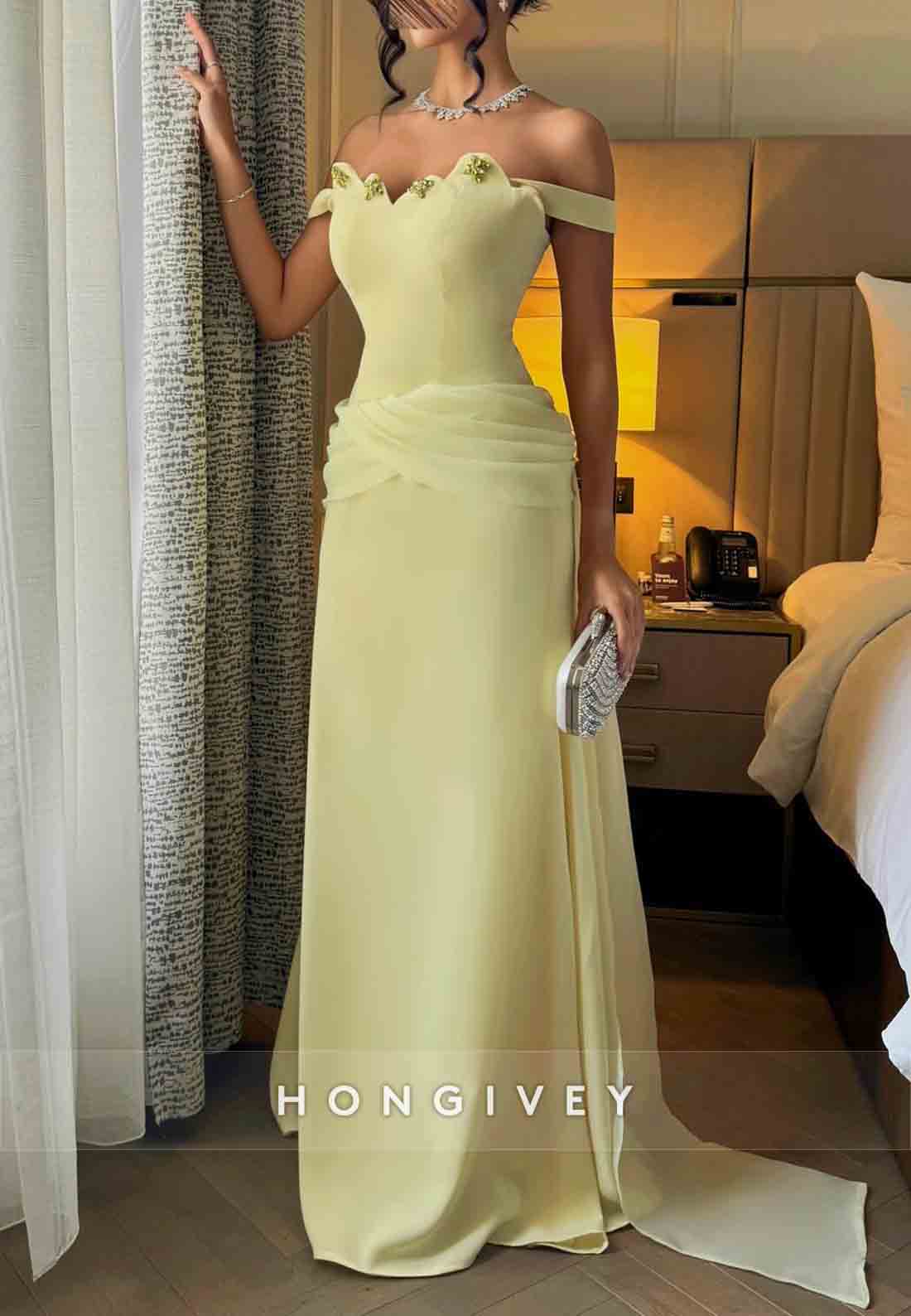 Floor-Length Off the Shoulder Scalloped Neck A-Line Evening Gowns