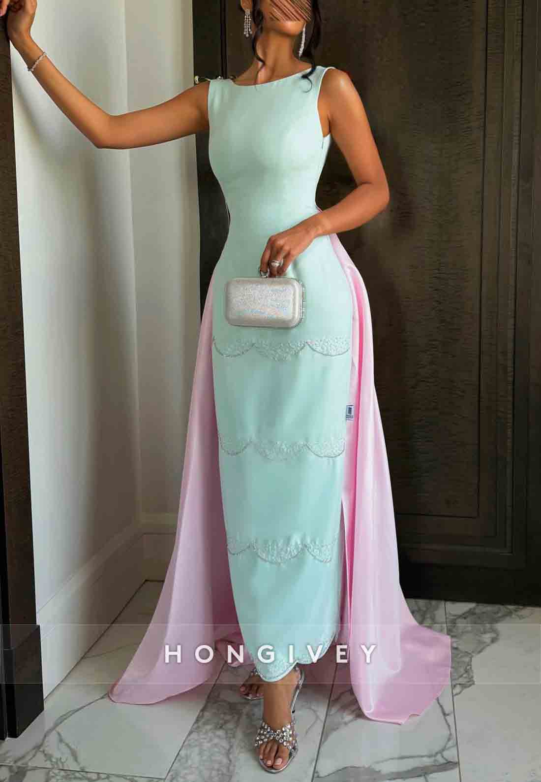 Column Sleeveless Ankle-Length Open Back Evening Gown with Bowknot