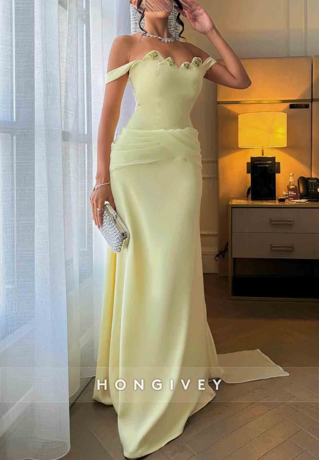 Floor-Length Off the Shoulder Scalloped Neck A-Line Evening Gowns