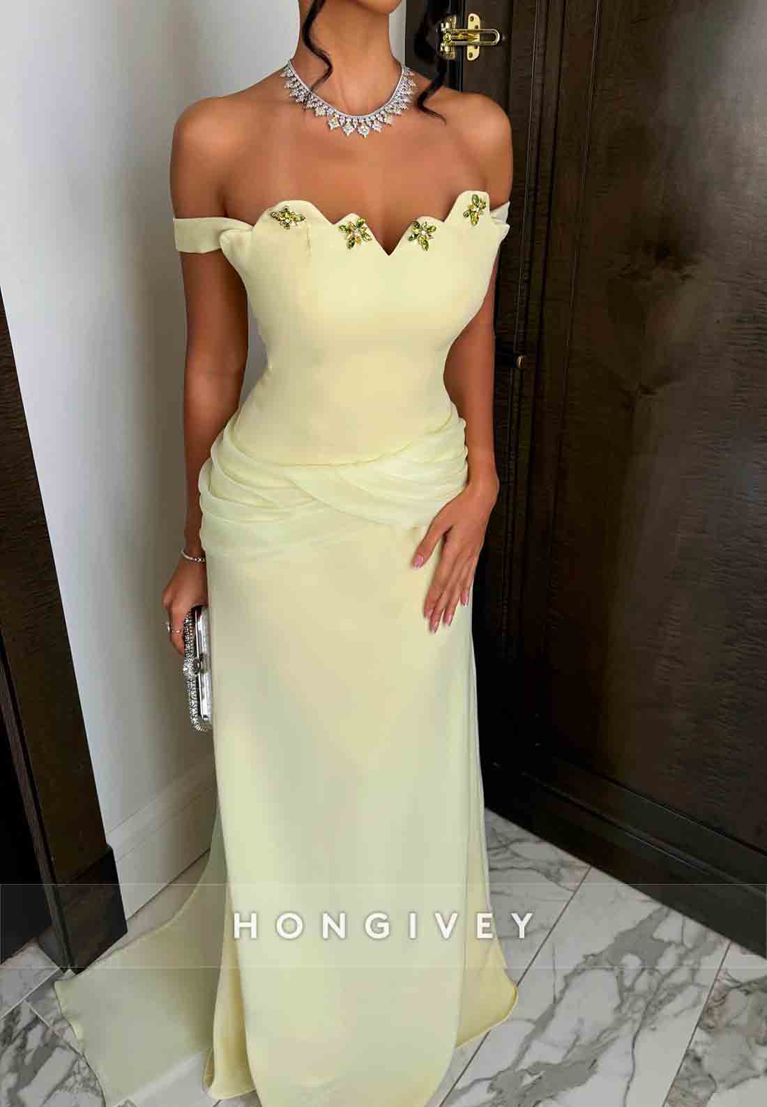 Floor-Length Off the Shoulder Scalloped Neck A-Line Evening Gowns