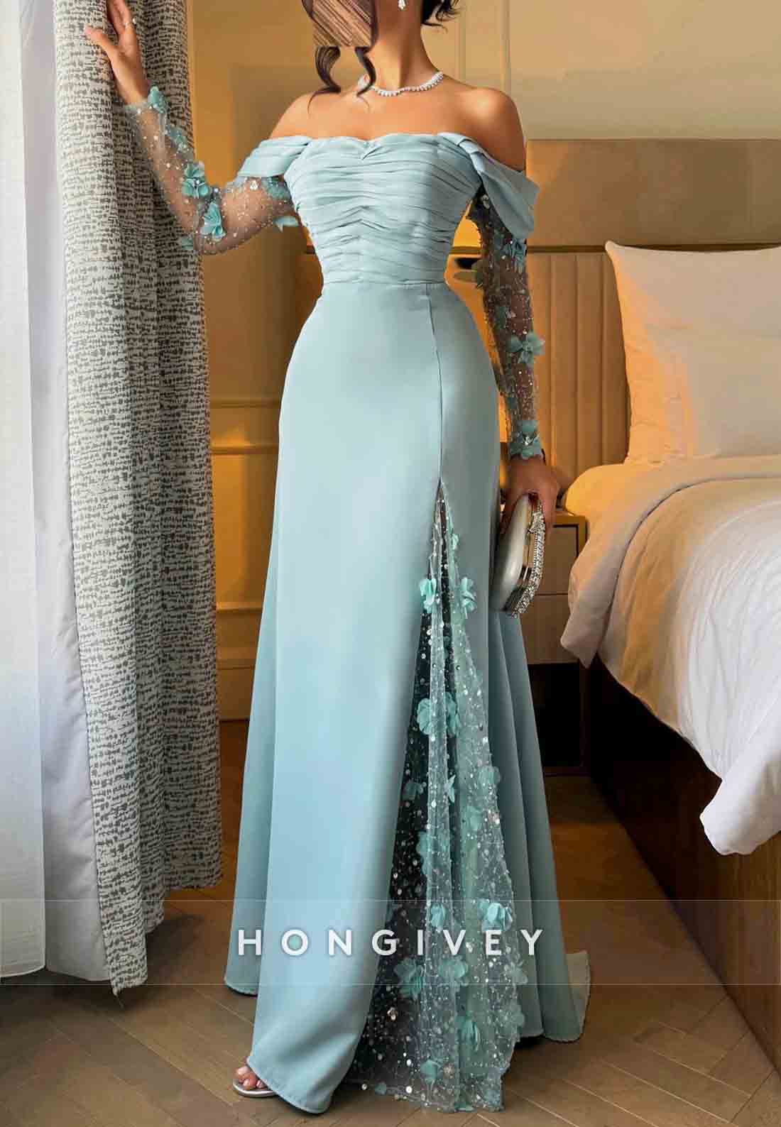 Off the Shoulder Side Slit Long Sleeves Evening Gowns with Appliques and Rhinestone