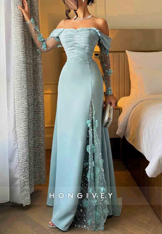 Off the Shoulder Side Slit Long Sleeves Evening Gowns with Appliques and Rhinestone