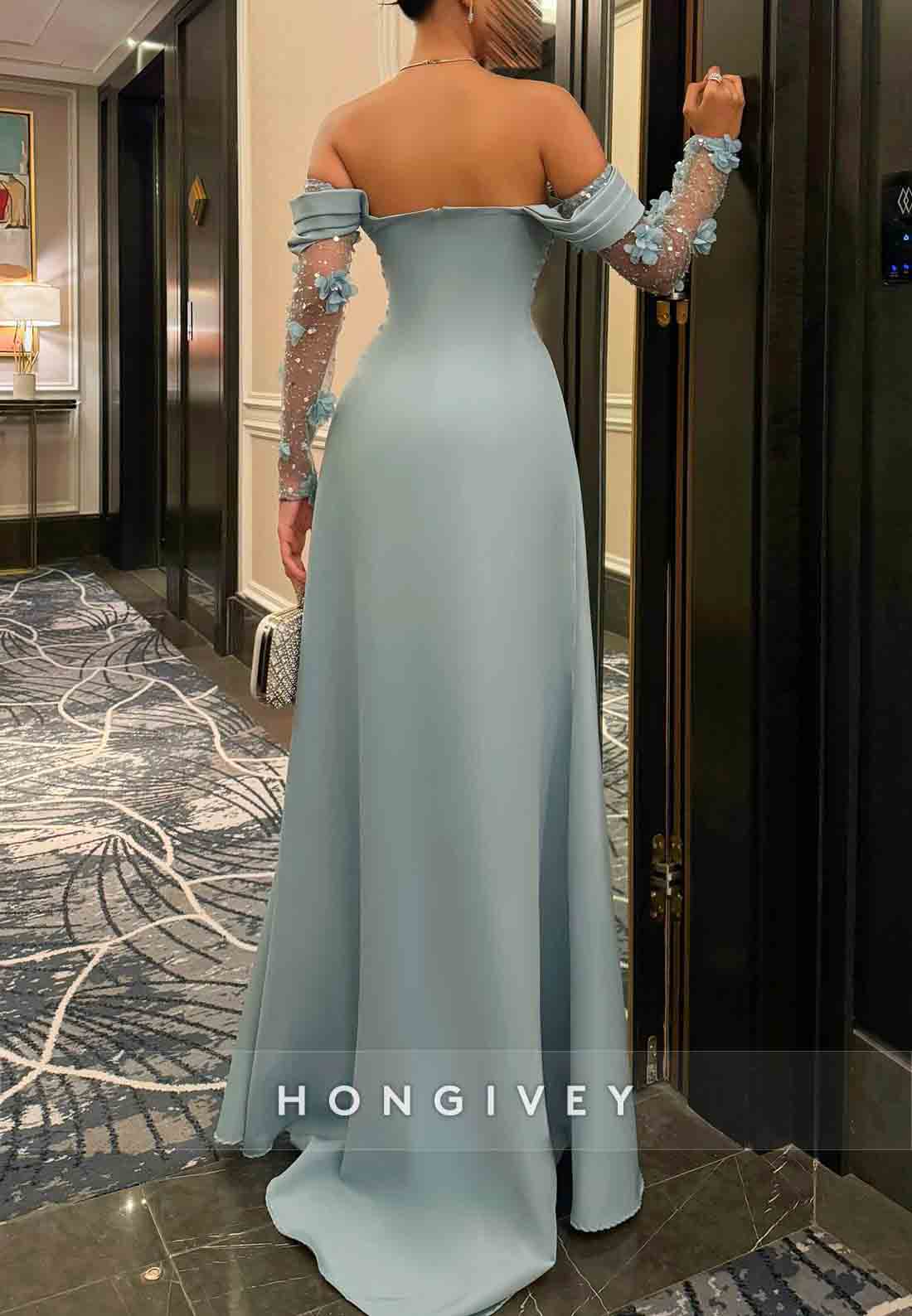 Off the Shoulder Side Slit Long Sleeves Evening Gowns with Appliques and Rhinestone