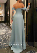 Off the Shoulder Side Slit Long Sleeves Evening Gowns with Appliques and Rhinestone