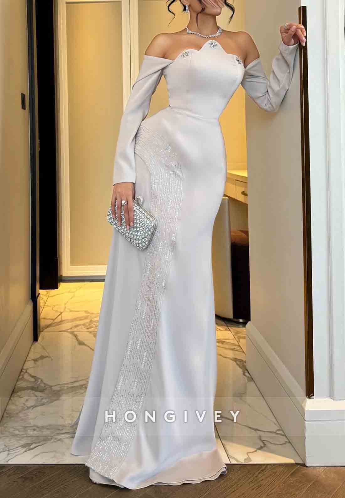 Long Sleeves Off the Shoulder Scalloped Neck Floor-Length Trumpet Evening Gowns