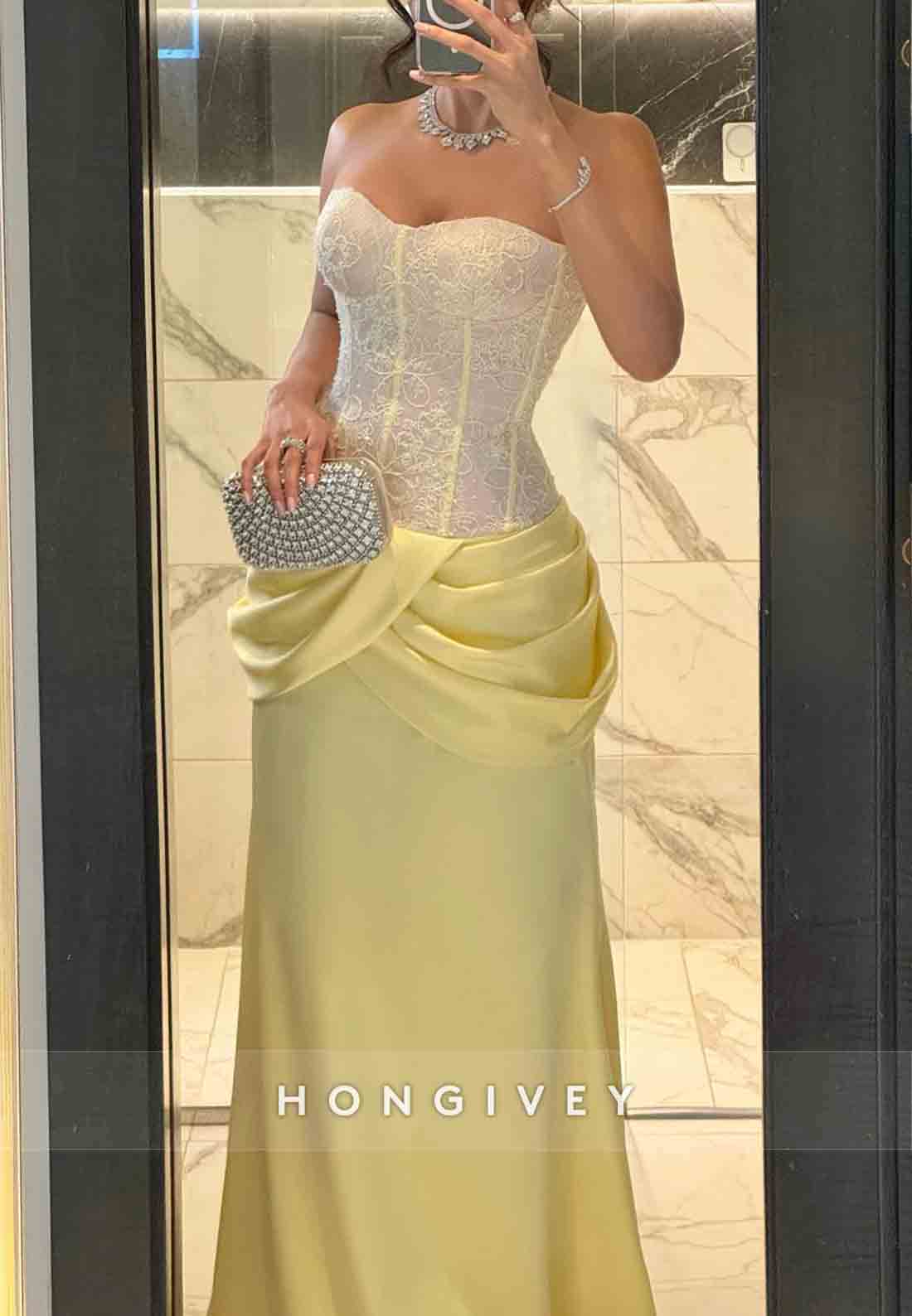 Satin Sweetheart Lace Yellow Pleated Floor-Length Strapless Evening Gowns