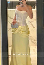 Satin Sweetheart Lace Yellow Pleated Floor-Length Strapless Evening Gowns
