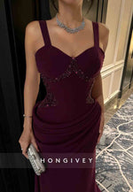 Orchid Regular Straps Sweetheart Trumpet Evening Gowns with Beading