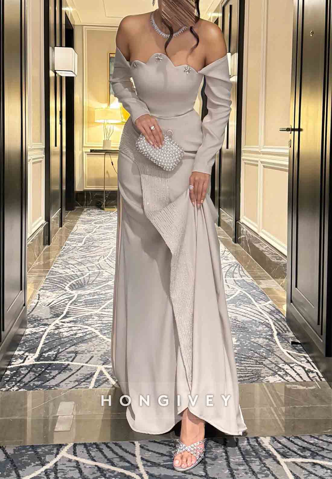 Long Sleeves Off the Shoulder Scalloped Neck Floor-Length Trumpet Evening Gowns