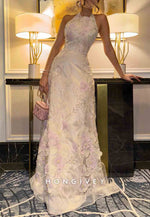 Embroidery Sleeveless Halter Neck A-Line Floor-Length Evening Gowns