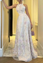 Embroidery Sleeveless Halter Neck A-Line Floor-Length Evening Gowns