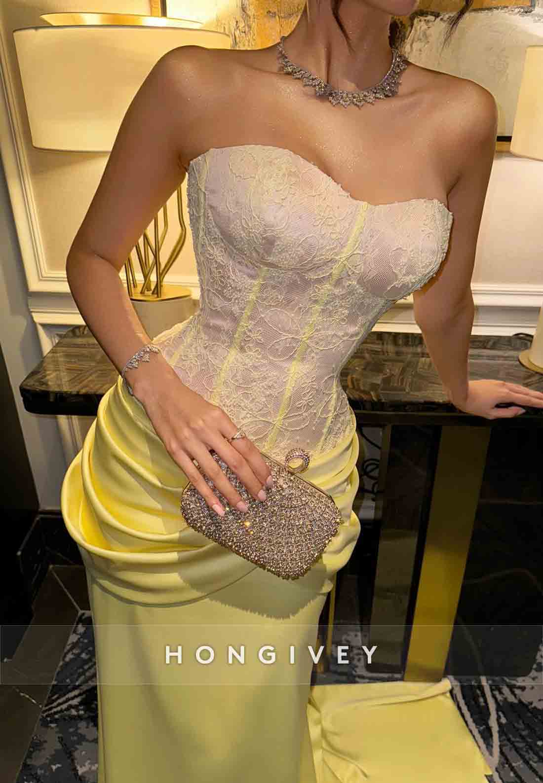 Satin Sweetheart Lace Yellow Pleated Floor-Length Strapless Evening Gowns