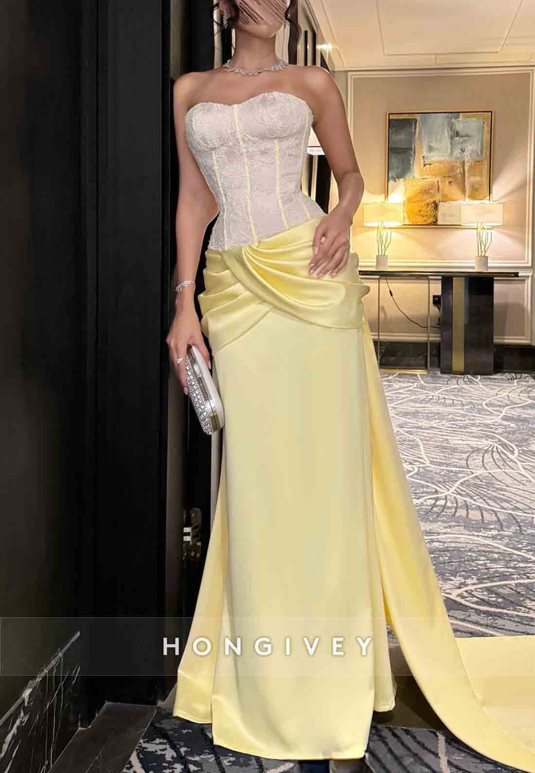 Satin Sweetheart Lace Yellow Pleated Floor-Length Strapless Evening Gowns