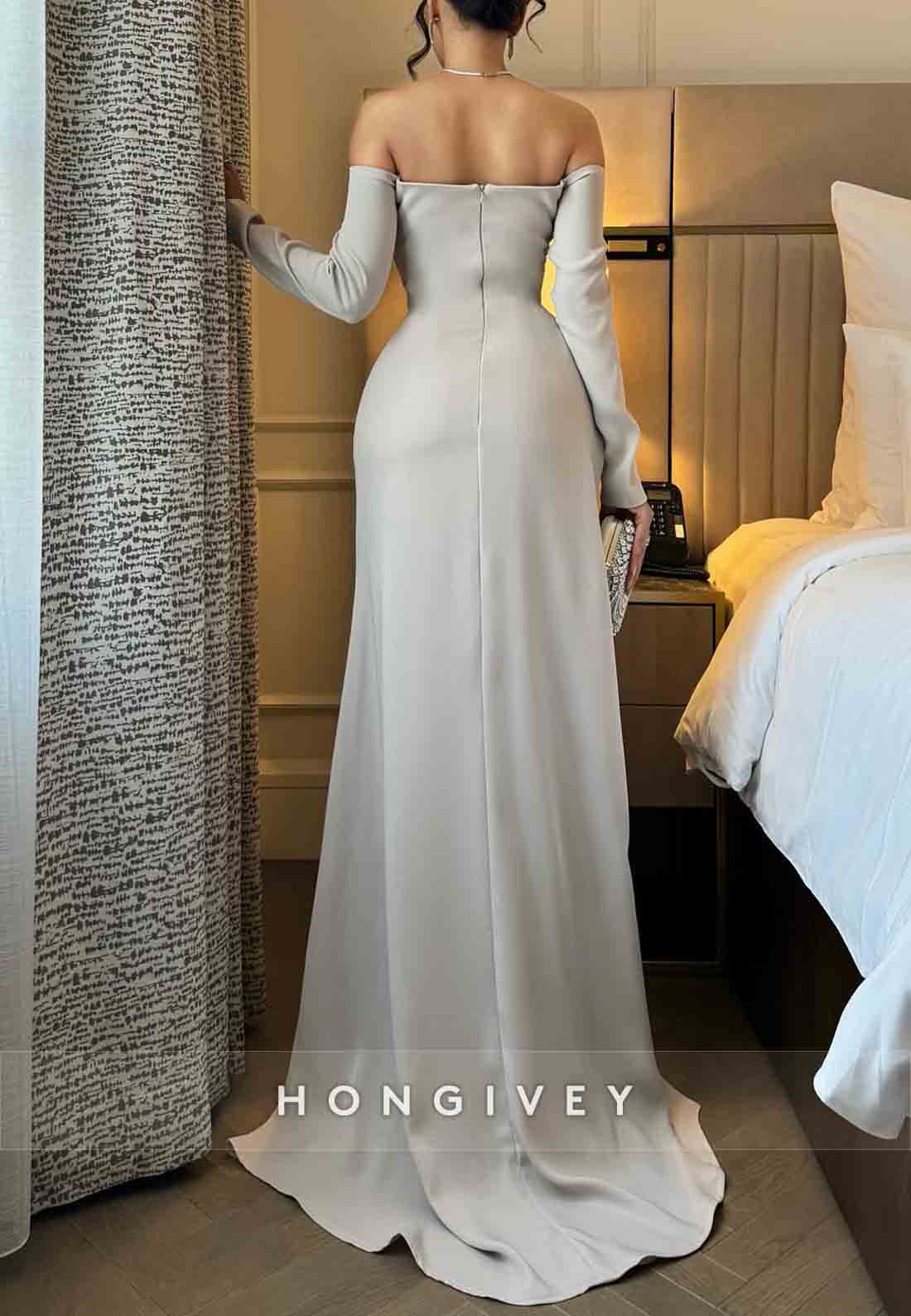 Long Sleeves Off the Shoulder Scalloped Neck Floor-Length Trumpet Evening Gowns