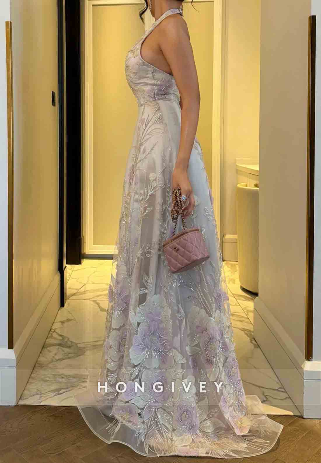 Embroidery Sleeveless Halter Neck A-Line Floor-Length Evening Gowns