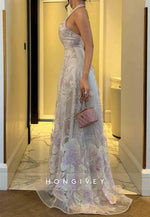 Embroidery Sleeveless Halter Neck A-Line Floor-Length Evening Gowns