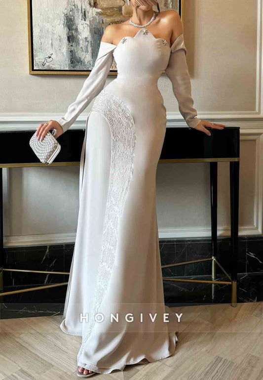 Long Sleeves Off the Shoulder Scalloped Neck Floor-Length Trumpet Evening Gowns