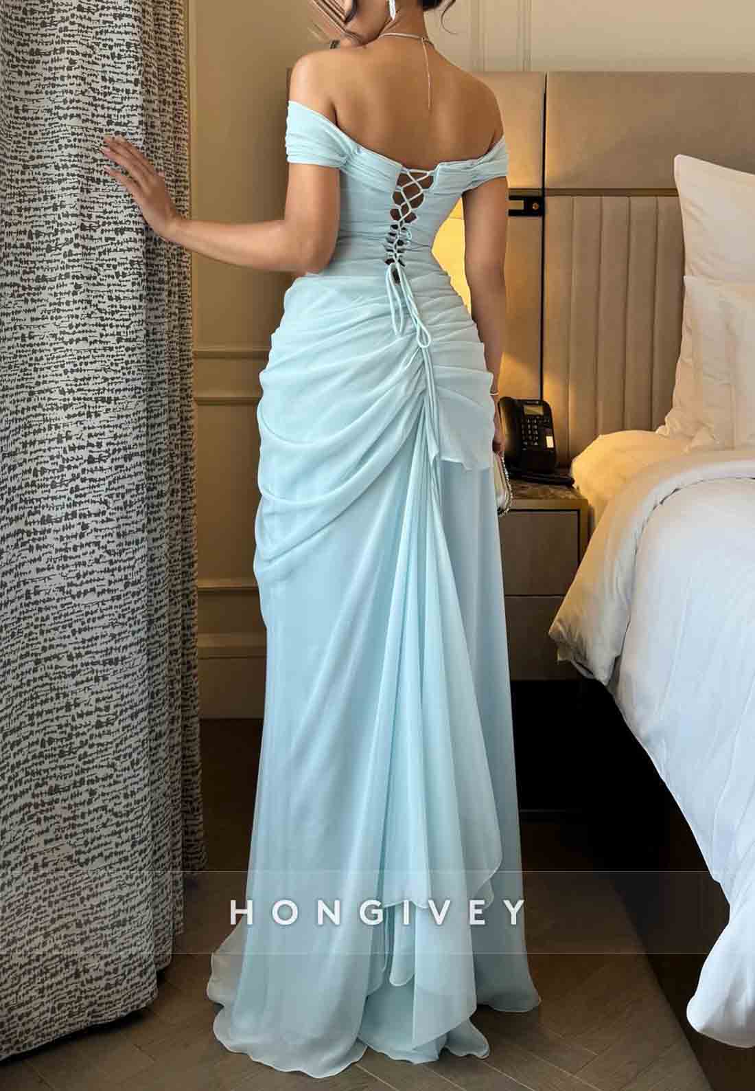 Tie Back Off the Shoulder Wedding Guest Light Blue Sheath Evening Gown