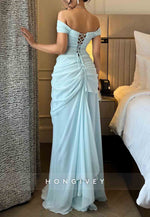 Tie Back Off the Shoulder Wedding Guest Light Blue Sheath Evening Gown