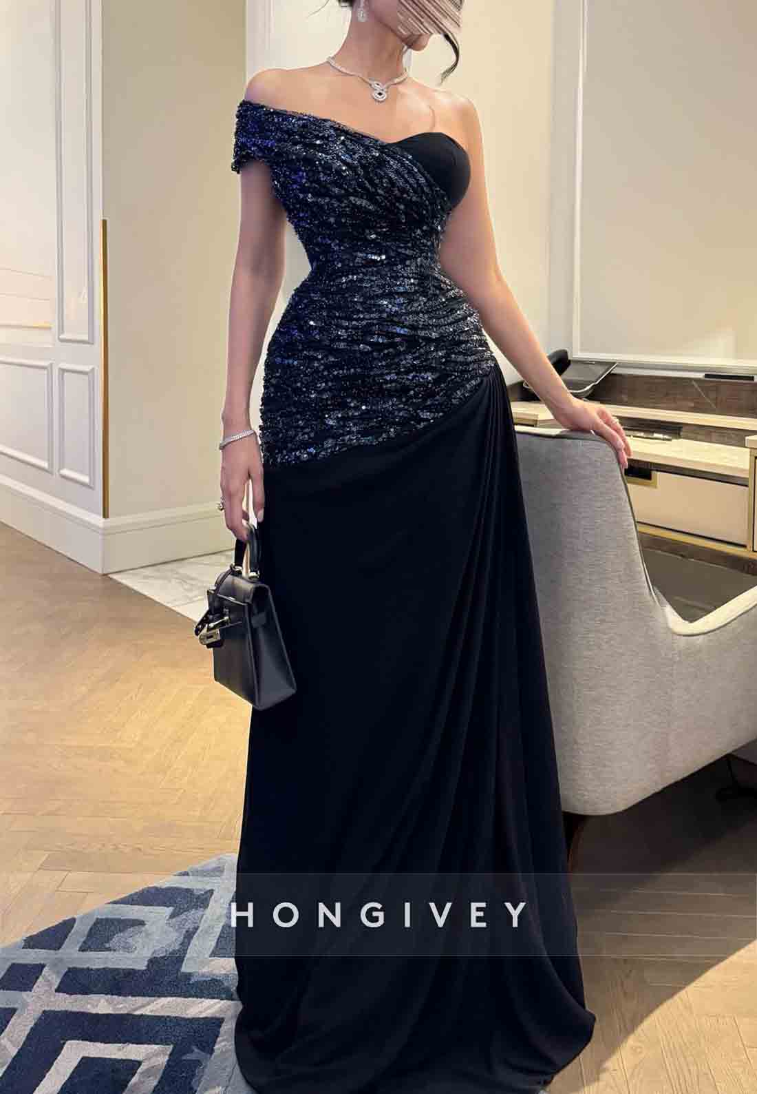 Sequined A-Line Floor-Length Off the Shoulder Pleated Evening Gowns