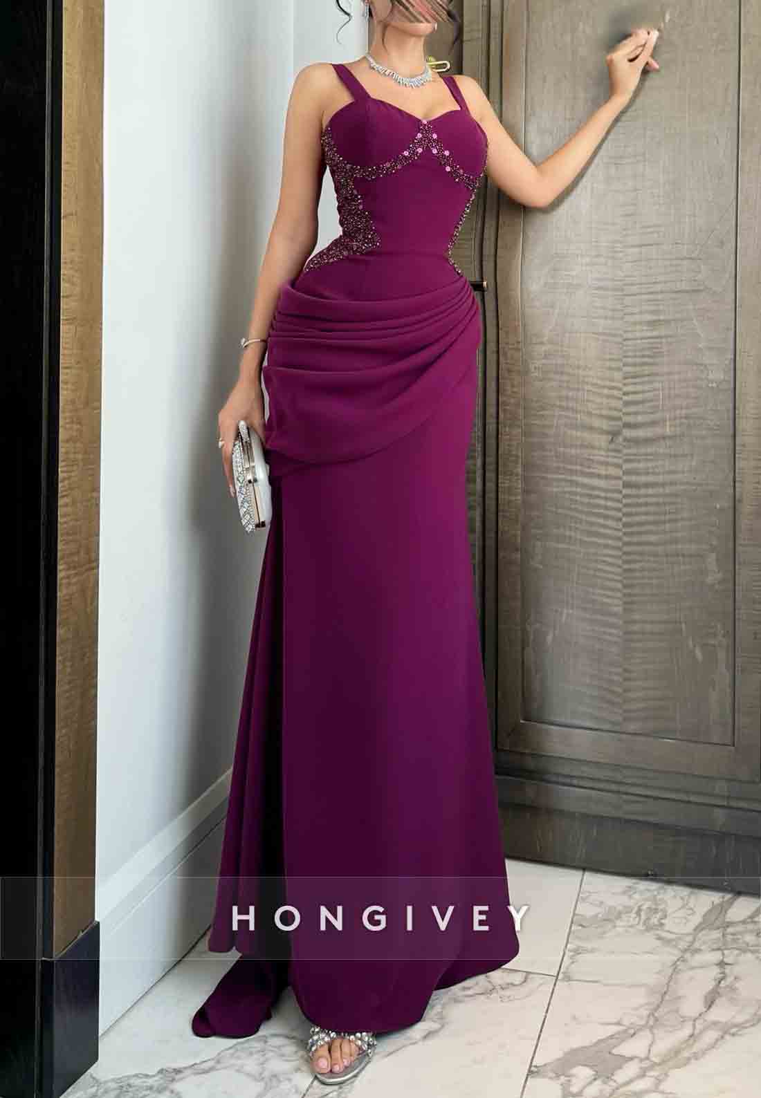 Orchid Regular Straps Sweetheart Trumpet Evening Gowns with Beading