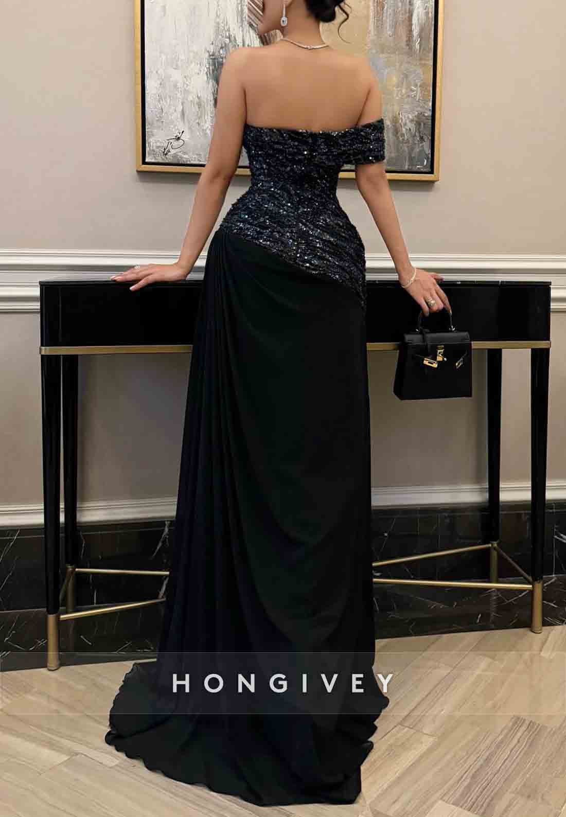 Sequined A-Line Floor-Length Off the Shoulder Pleated Evening Gowns