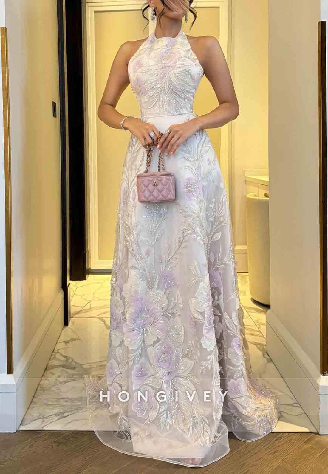 Embroidery Sleeveless Halter Neck A-Line Floor-Length Evening Gowns