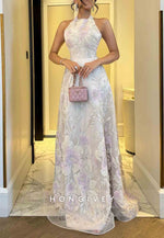Embroidery Sleeveless Halter Neck A-Line Floor-Length Evening Gowns