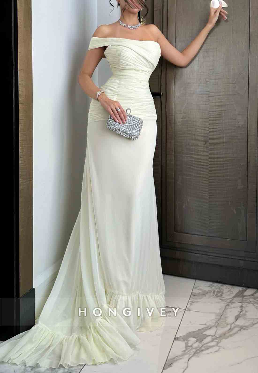 Trumpet Yellow Wedding Guest Off-Shoulder Ruched Floor-Length Evening Gown