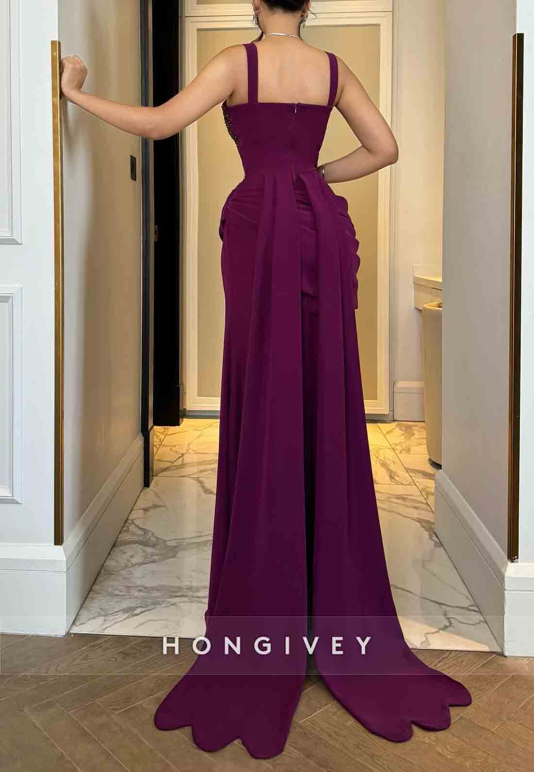 Orchid Regular Straps Sweetheart Trumpet Evening Gowns with Beading