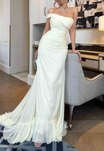 Trumpet Yellow Wedding Guest Off-Shoulder Ruched Floor-Length Evening Gown