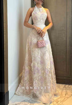 Embroidery Sleeveless Halter Neck A-Line Floor-Length Evening Gowns