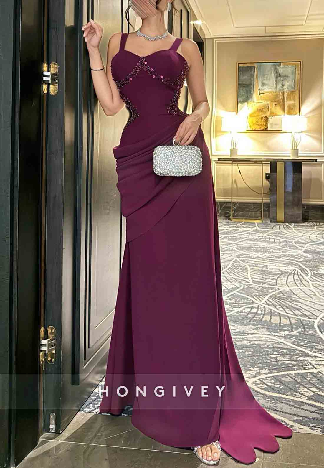 Orchid Regular Straps Sweetheart Trumpet Evening Gowns with Beading