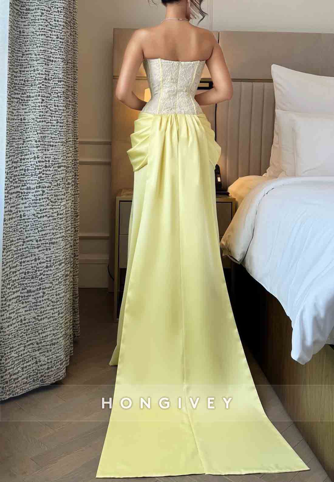 Satin Sweetheart Lace Yellow Pleated Floor-Length Strapless Evening Gowns